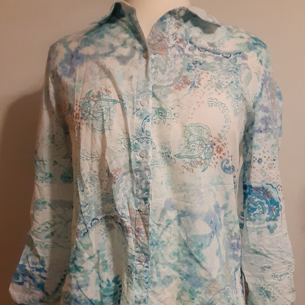 Chico's size 1 long sleeve blouse shirt top paisley floral blue cottagec…